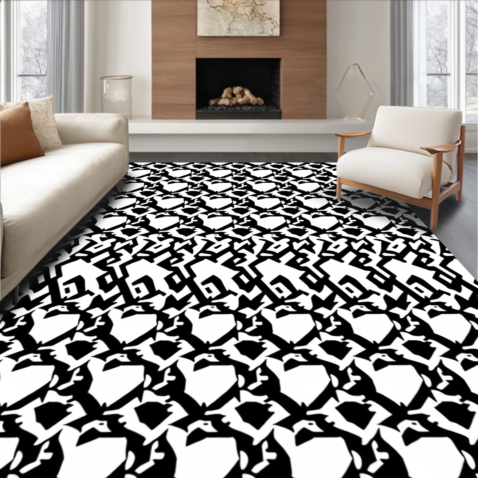 Abstract Penguin Black White Composition Rug