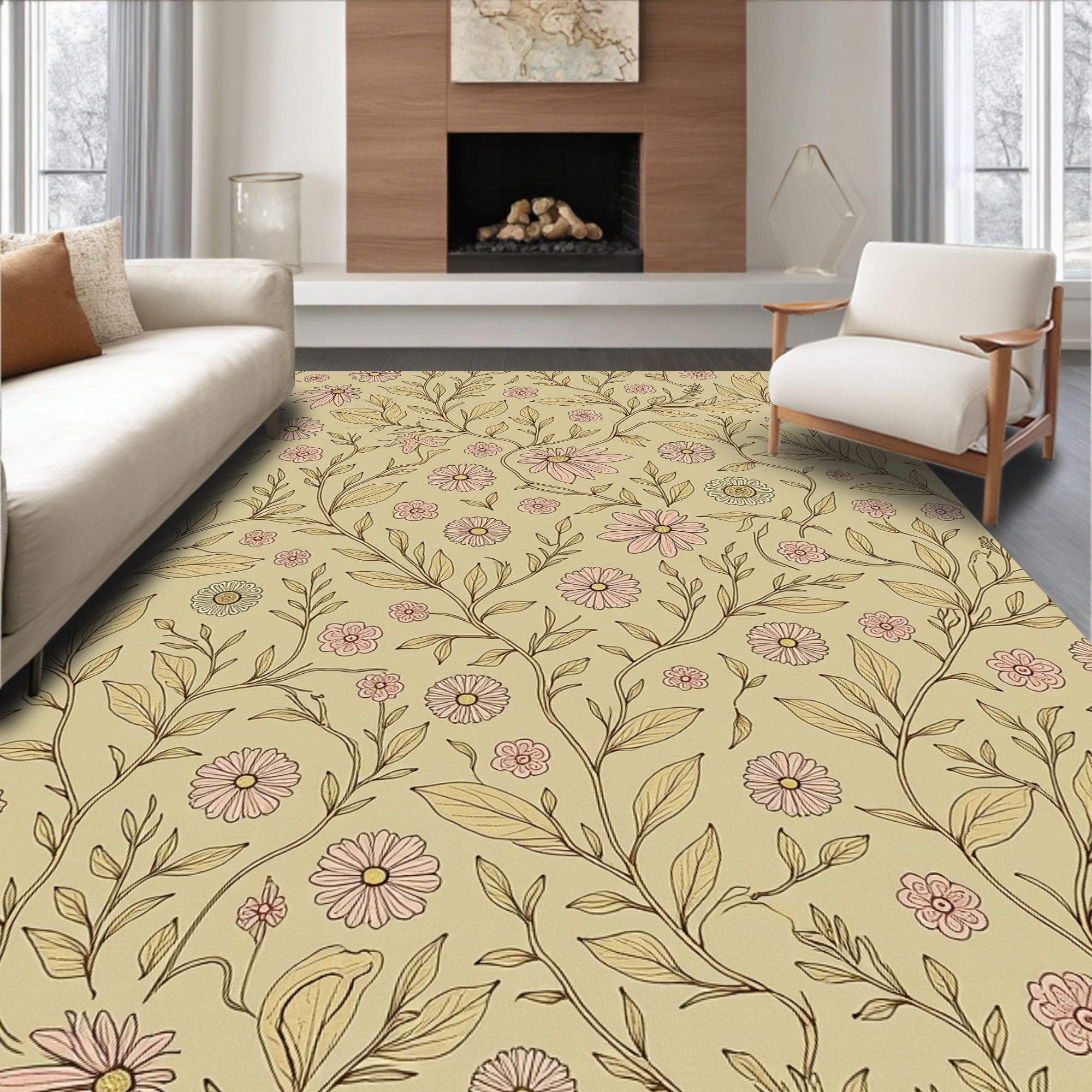Pastel Pink Floral Vine Background Rug