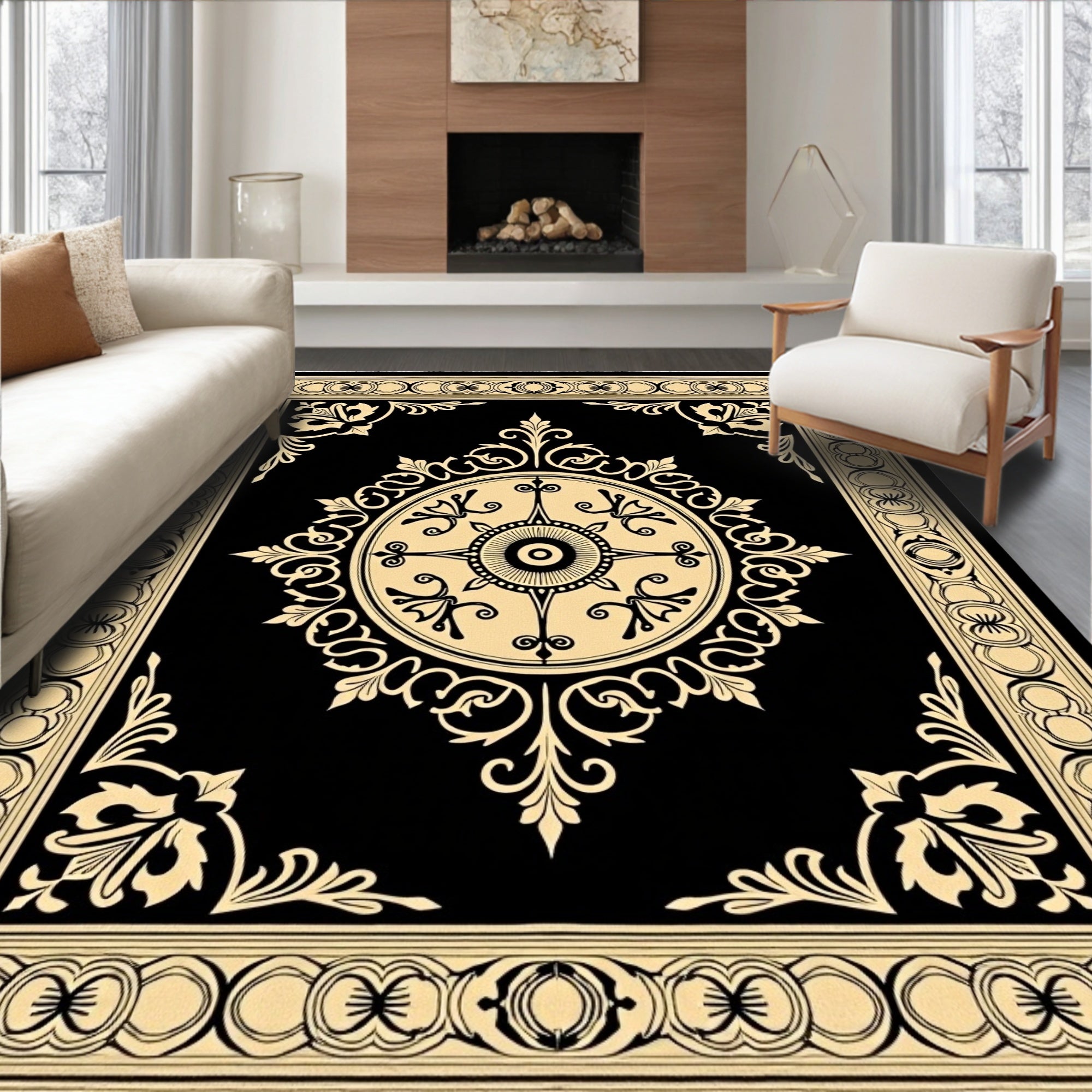 Black and Gold Medallion Border Rug