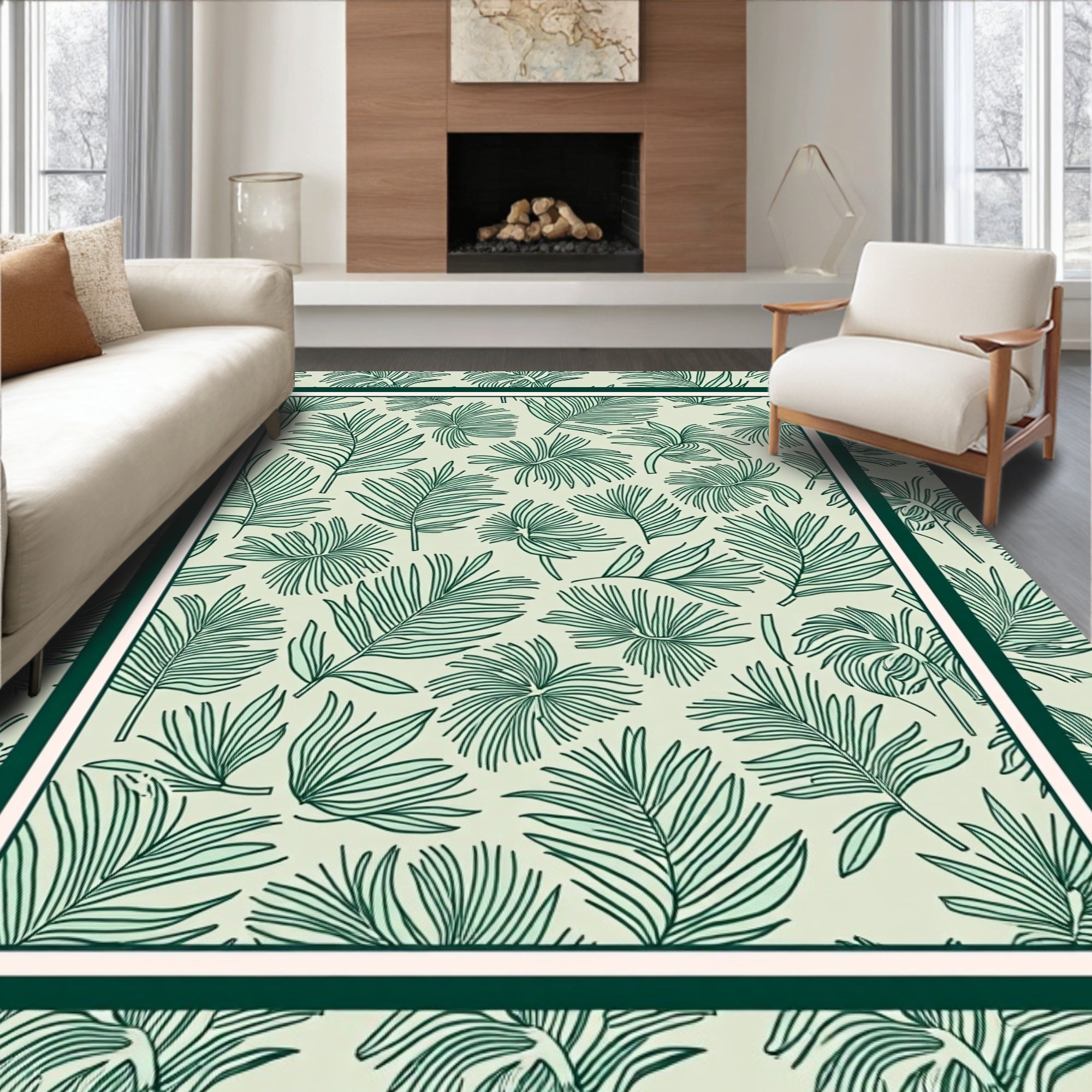 Green Tropical Foliage Border Rug