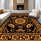 Ornate Orange Floral Mandala Black Rug