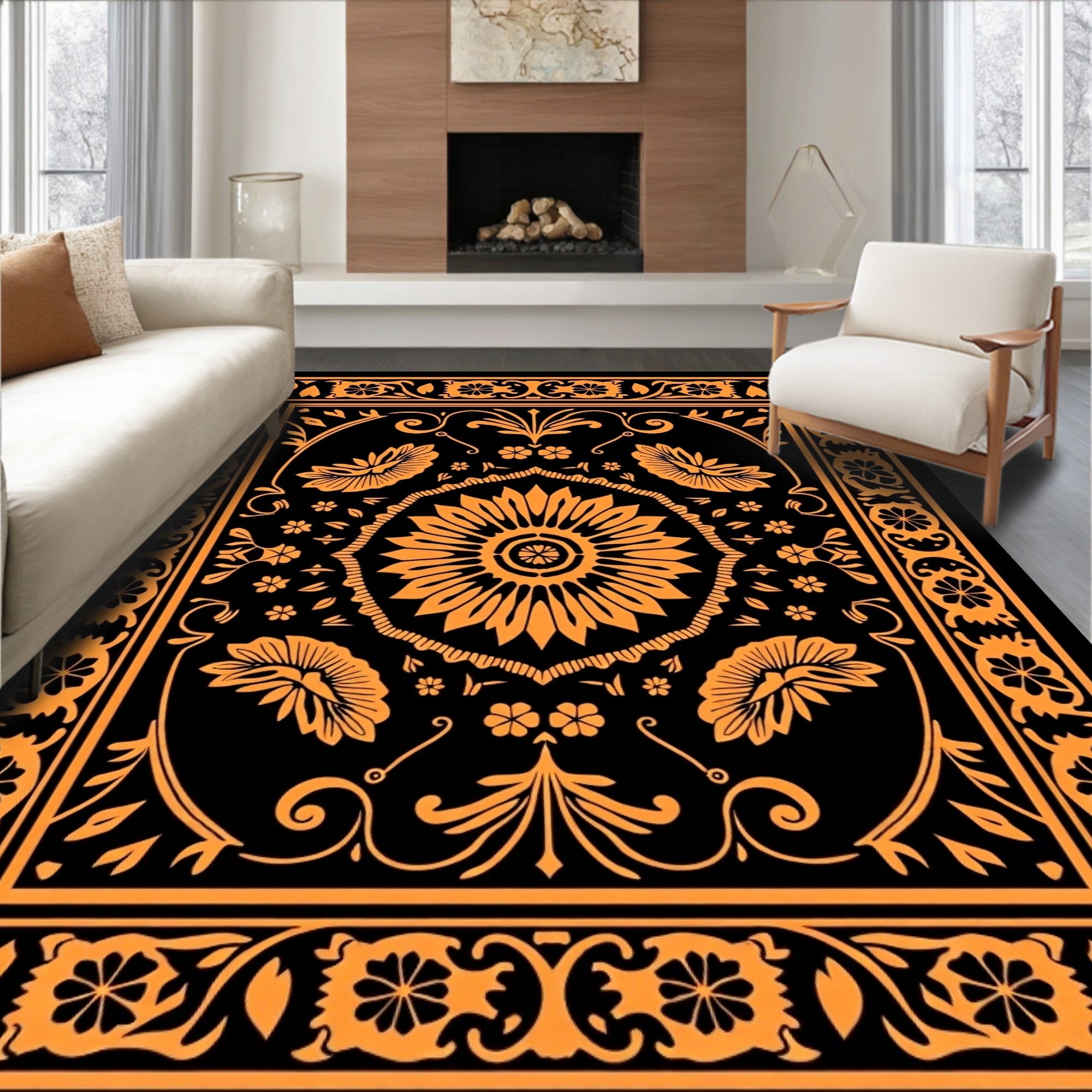 Ornate Orange Floral Mandala Black Rug