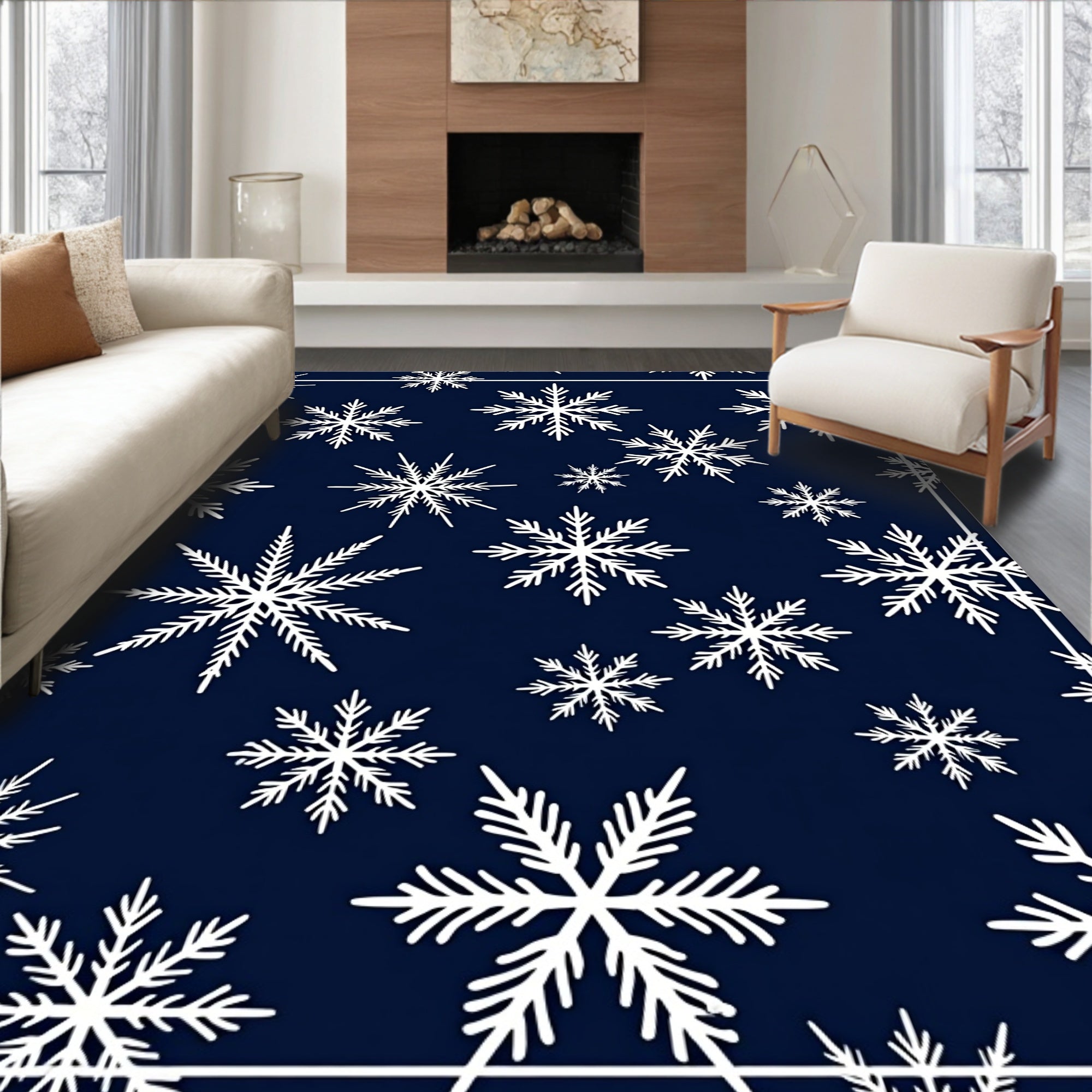 Winter White Snowflakes Navy Rug