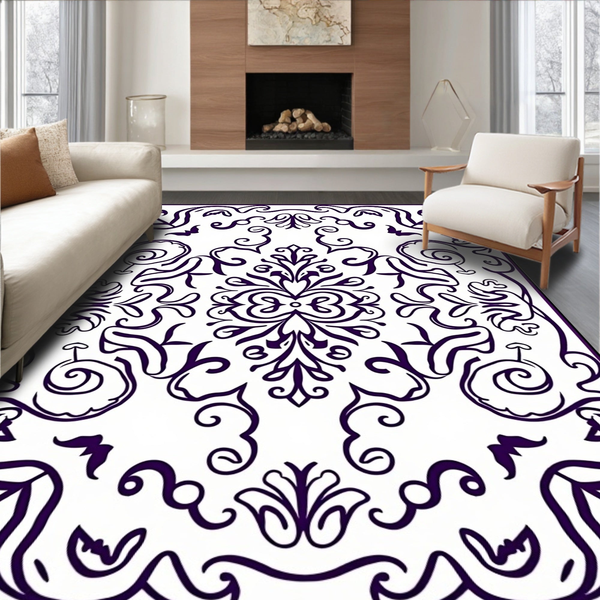 Deep Purple Floral Scrollwork Rug