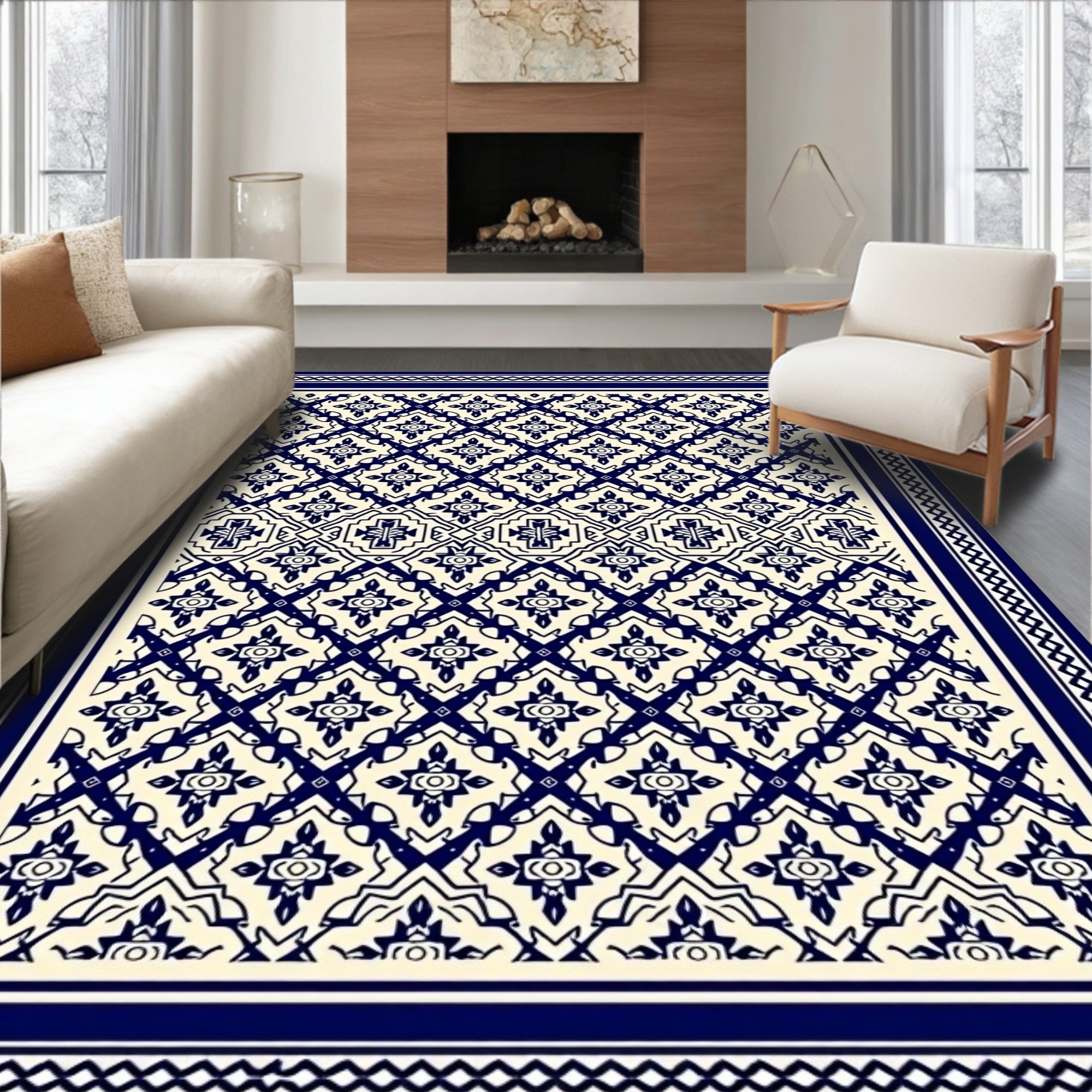 Navy Blue Intricate Geometric Medallion Rug