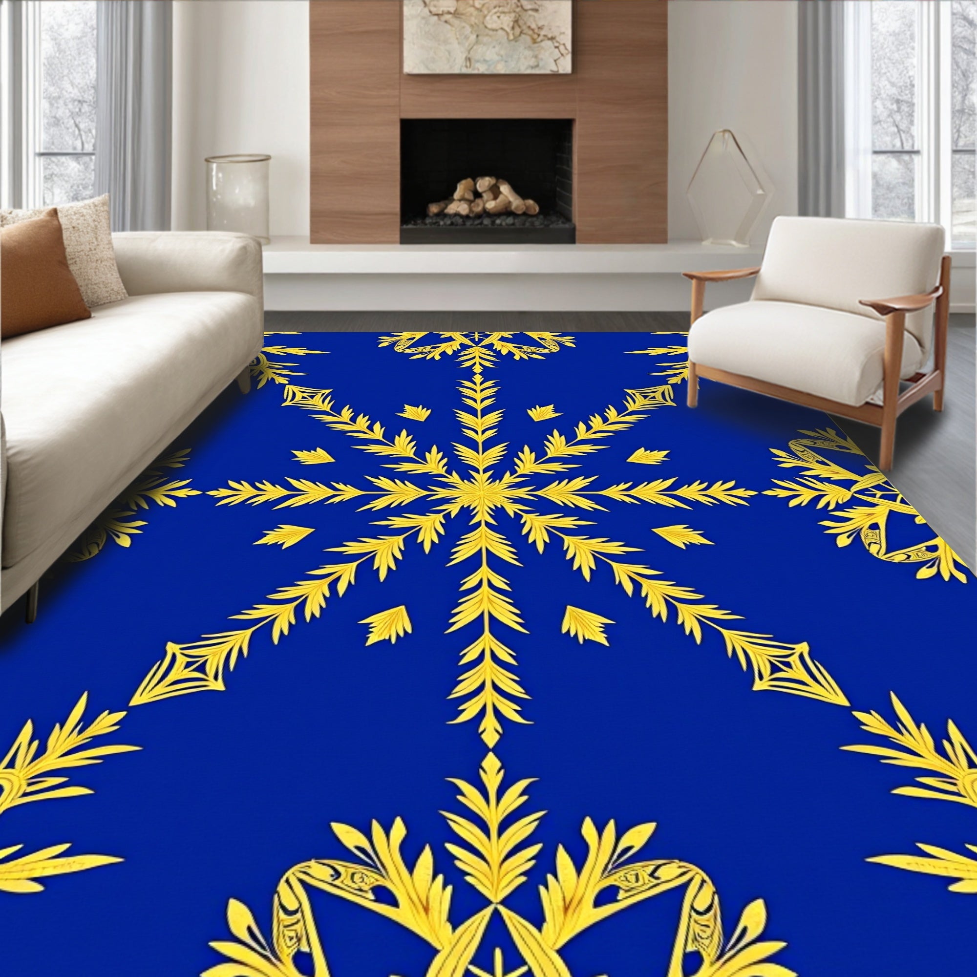 Royal Blue Golden Leaf Medallion Rug