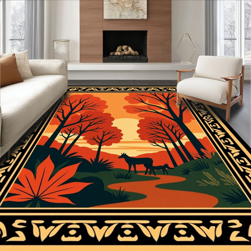 Autumn Forest Scene With Deer Border Rug