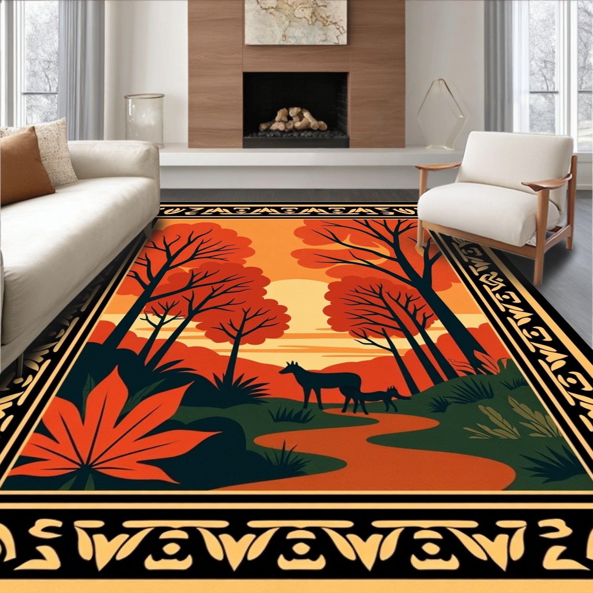 Autumn Forest Scene With Deer Border Rug
