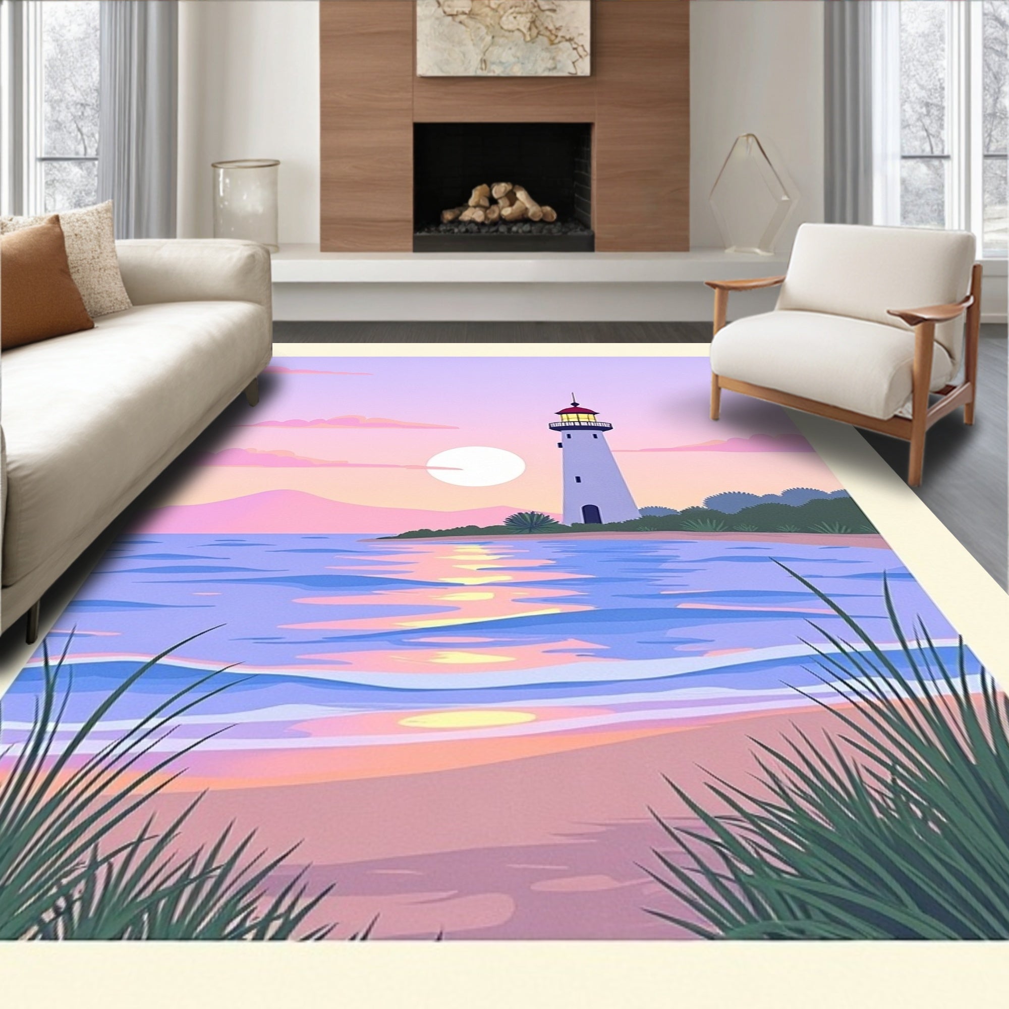 Coastal Lighthouse Sunset Pastel Rug