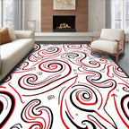 Bold Red Black Swirl Line Art Rug