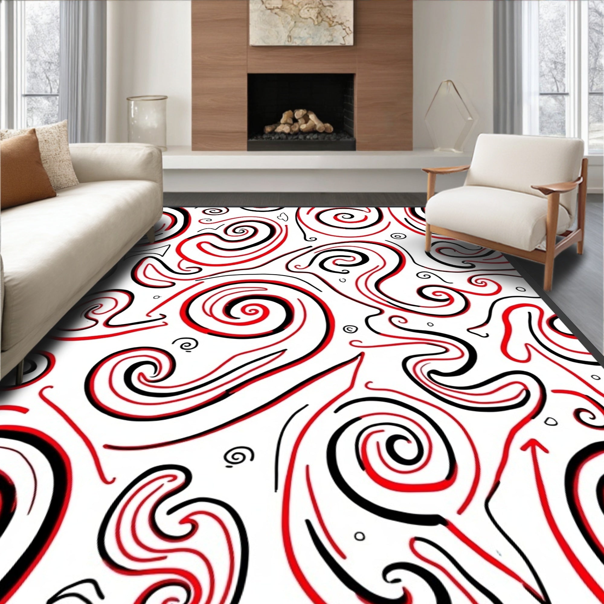Bold Red Black Swirl Line Art Rug