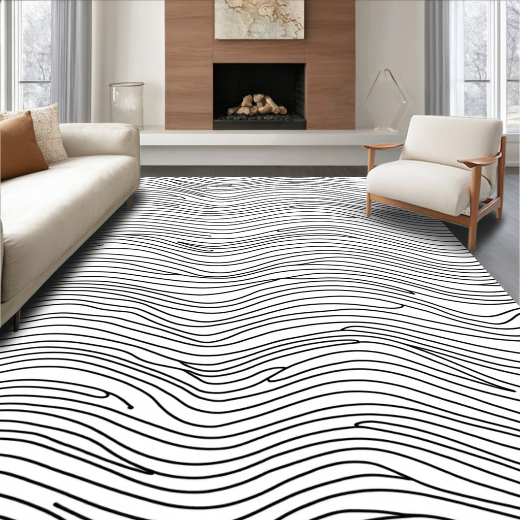 Abstract Black Wave Lines Rug