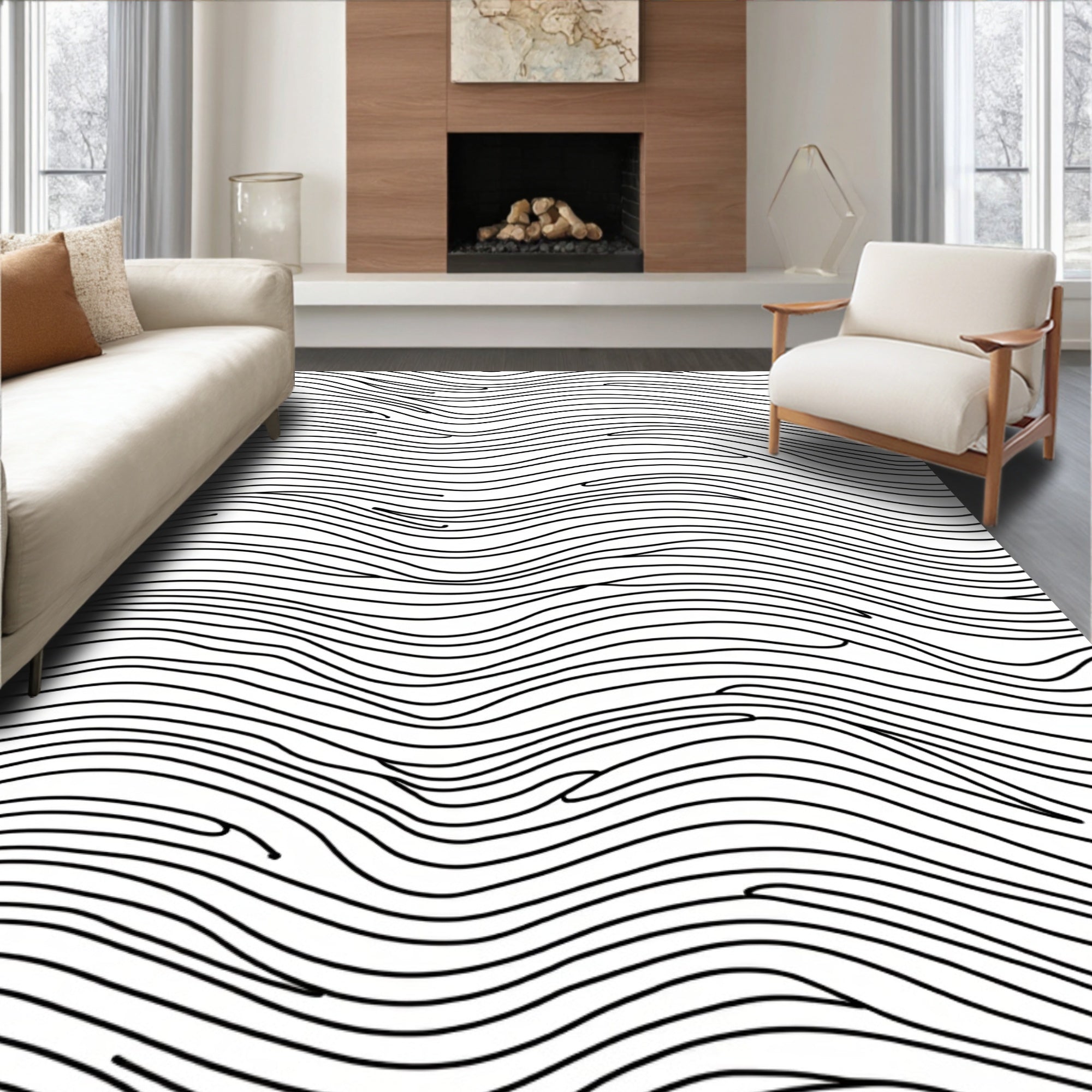 Abstract Black Wave Lines Rug