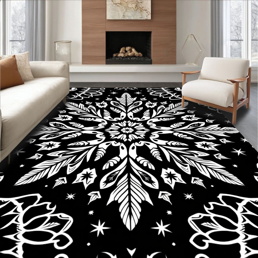 Ornate White Floral Mandala Black Rug