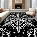 Ornate White Floral Mandala Black Rug
