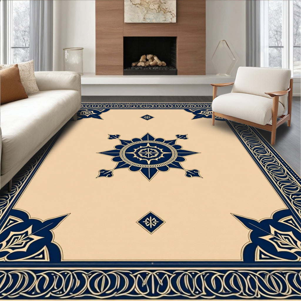 Elegant Navy Blue Medallion Border Rug