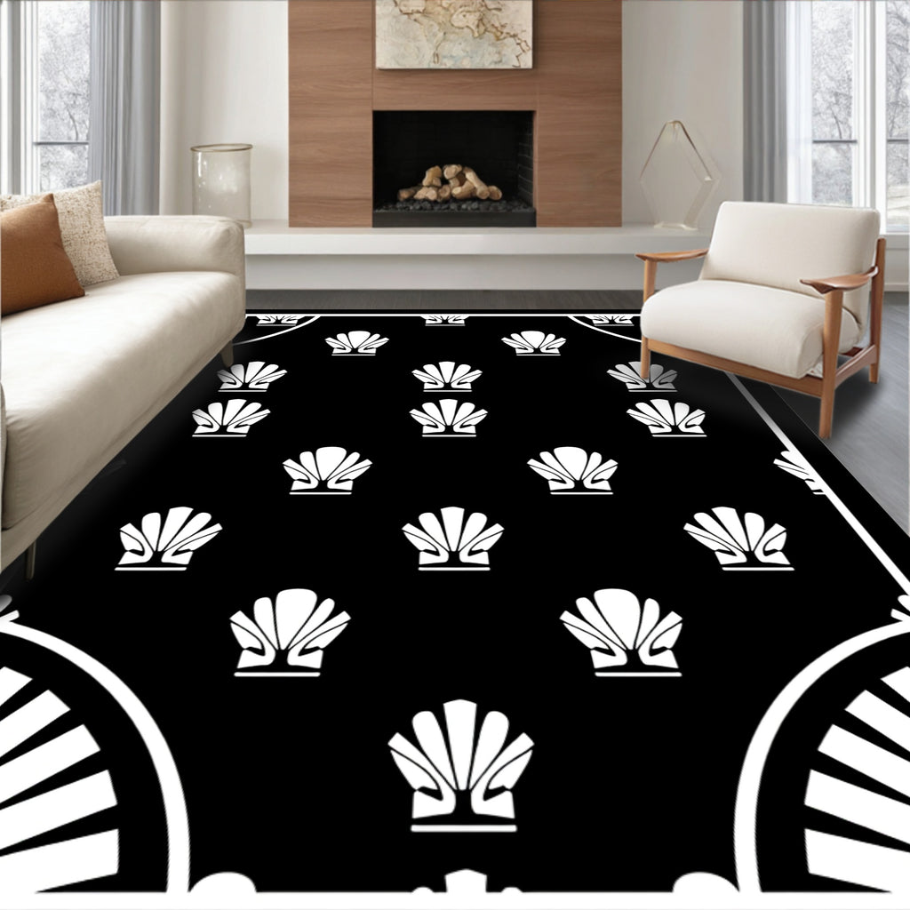 Black White Seashell Fan Border Rug