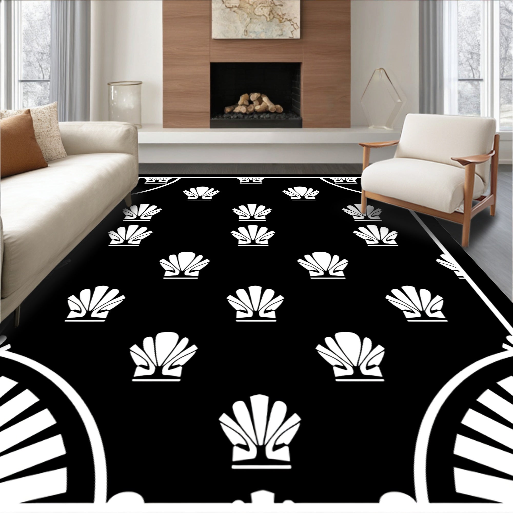 Black White Seashell Fan Border Rug