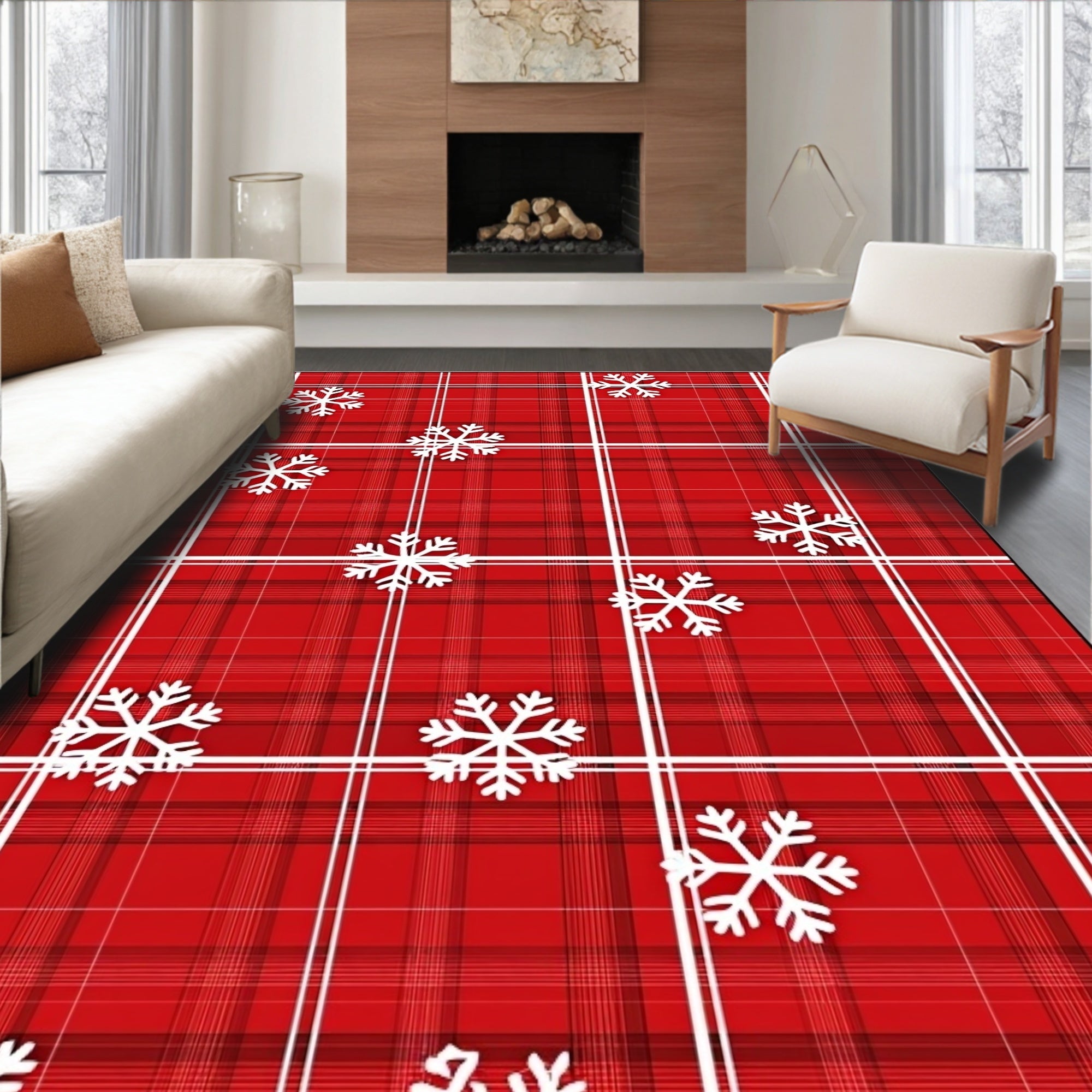 Red Snowflake Plaid Holiday Rug