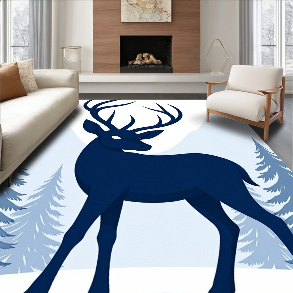 Navy Blue Bold Stag Winter Scene Rug