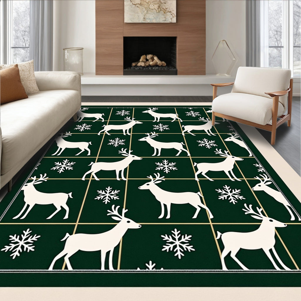 White Deer Snowflake Grid Dark Green Rug