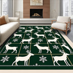 White Deer Snowflake Grid Dark Green Rug