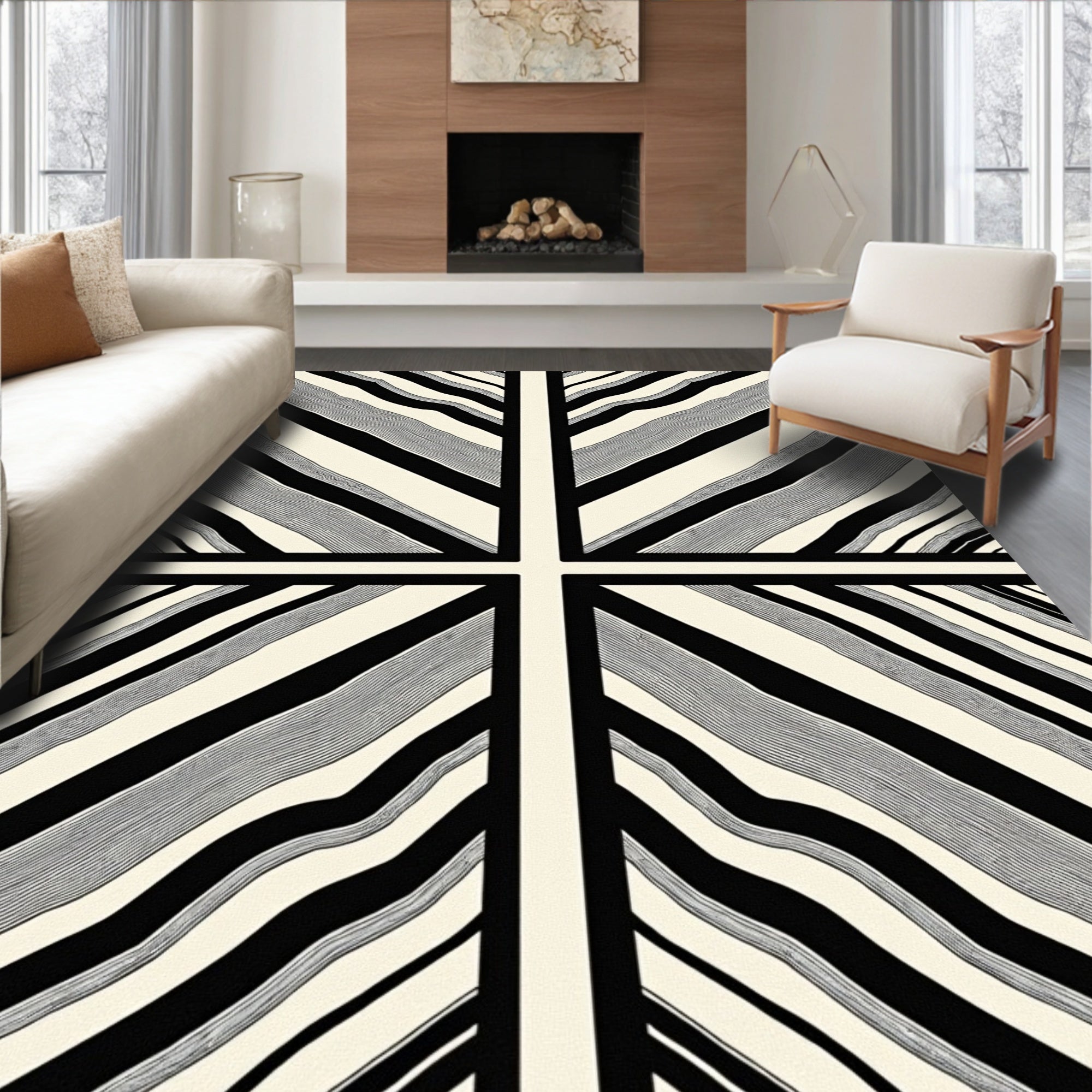 Abstract Black White Wavy Stripes Rug