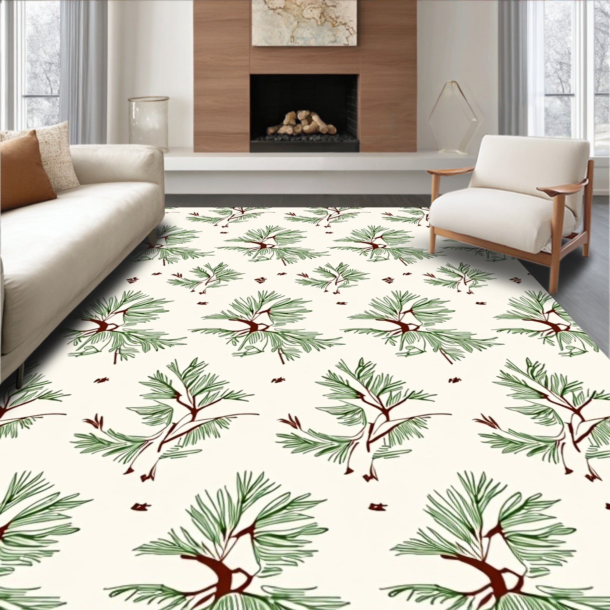 Green Pine Branch Scattered Illustration Rug