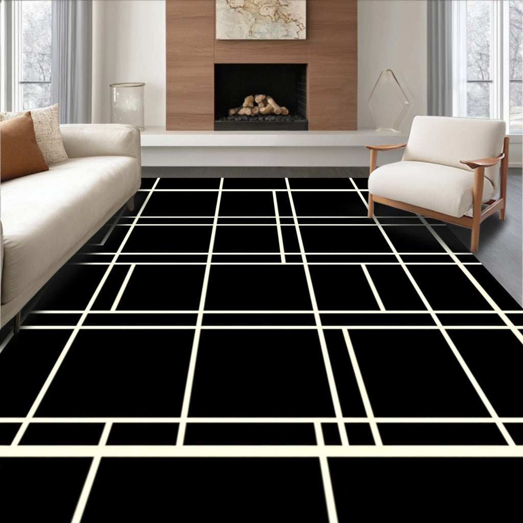 Modern Black Cream Geometric Grid Rug