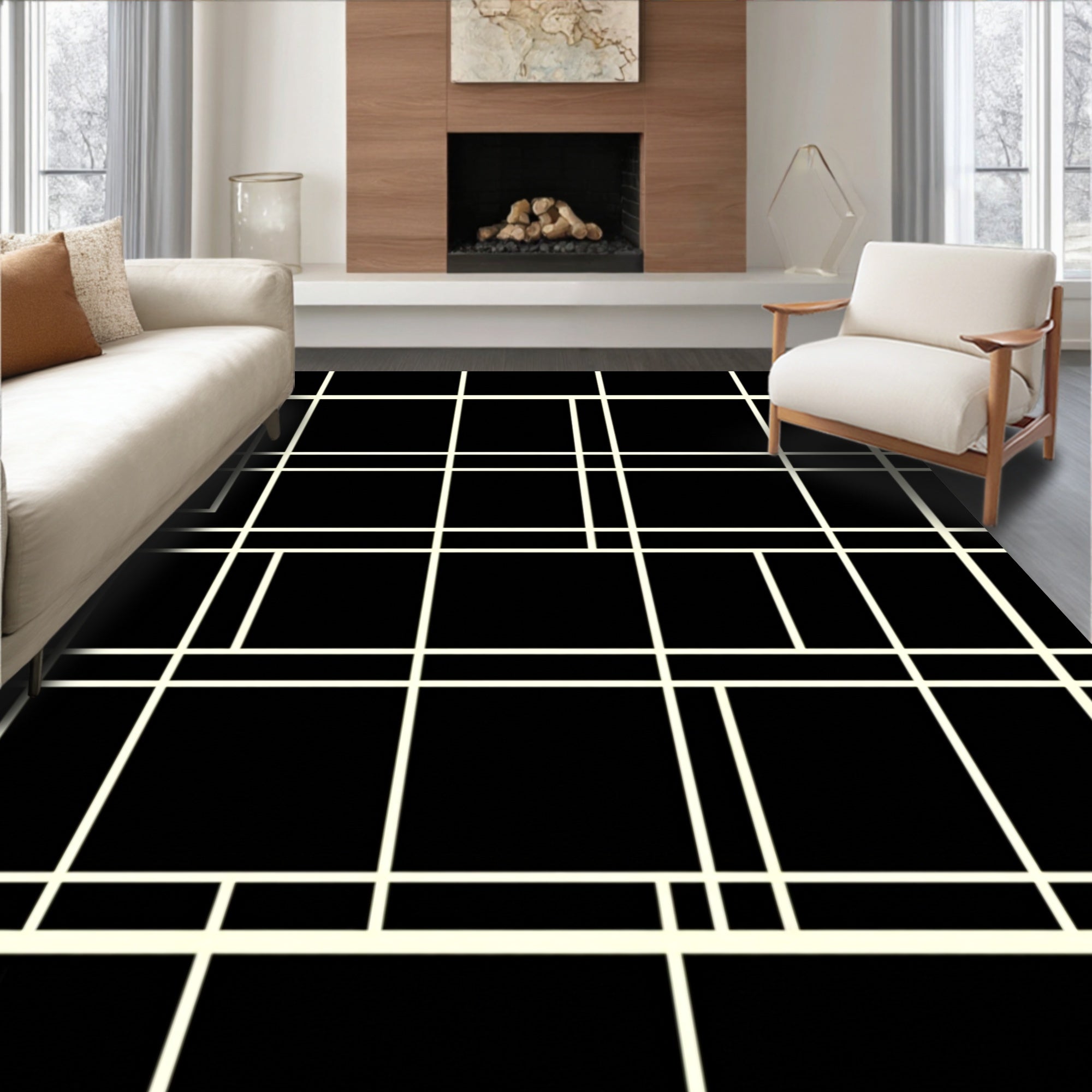 Modern Black Cream Geometric Grid Rug