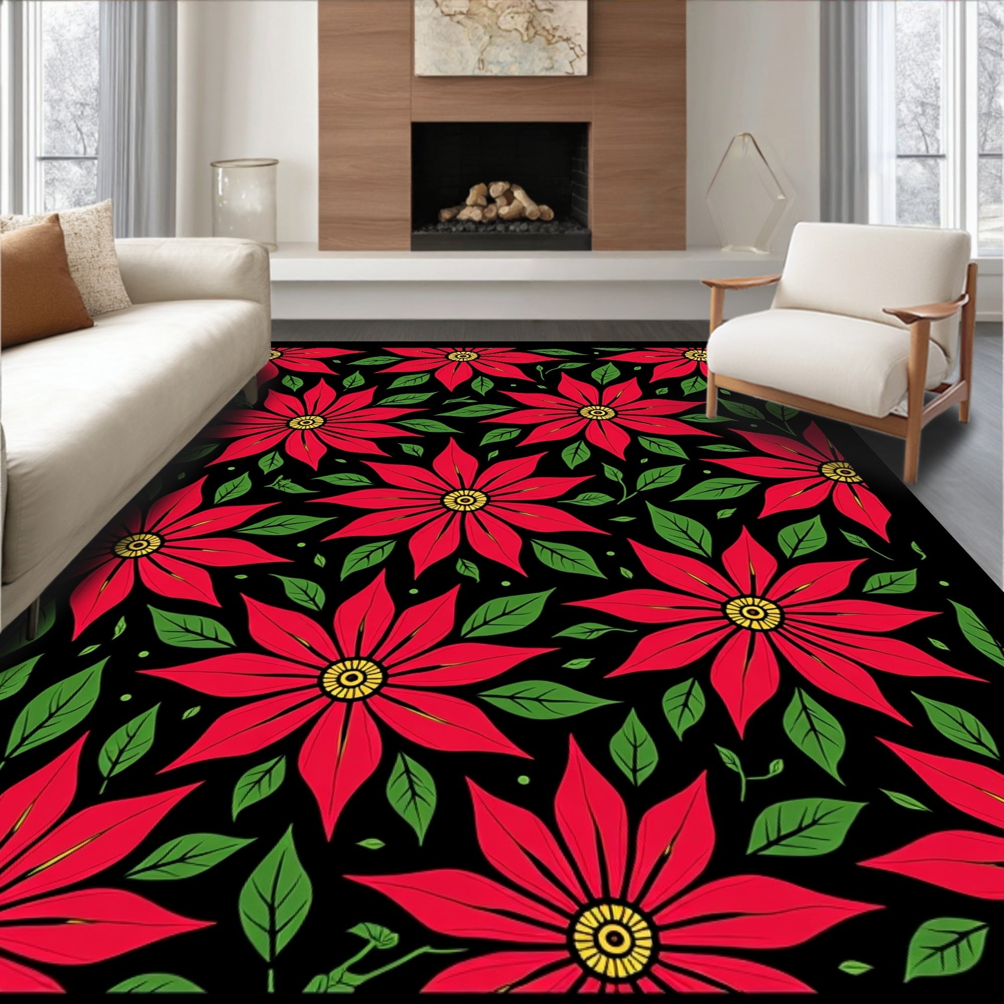 Crimson Red Poinsettia Garden Black Rug