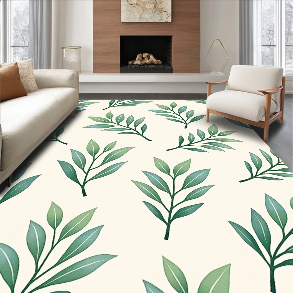 Green Leafy Branches Cream Background Rug