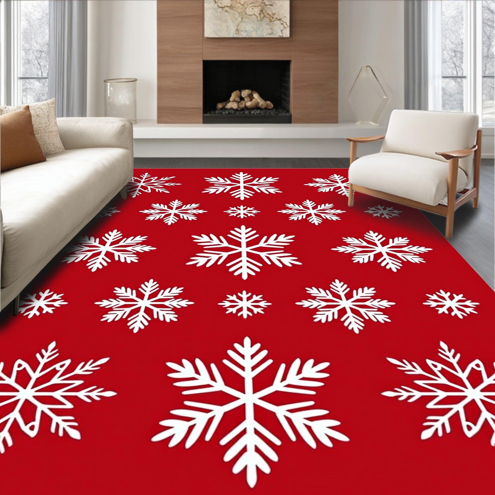 Red White Snowflake Scatter Collage Rug