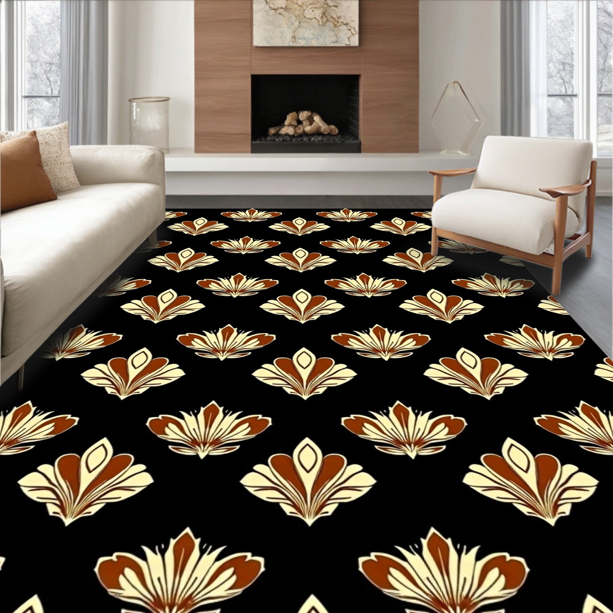 Art Deco Cream Brown Floral Repeat Rug