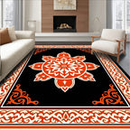 Vibrant Orange Floral Medallion Black Rug