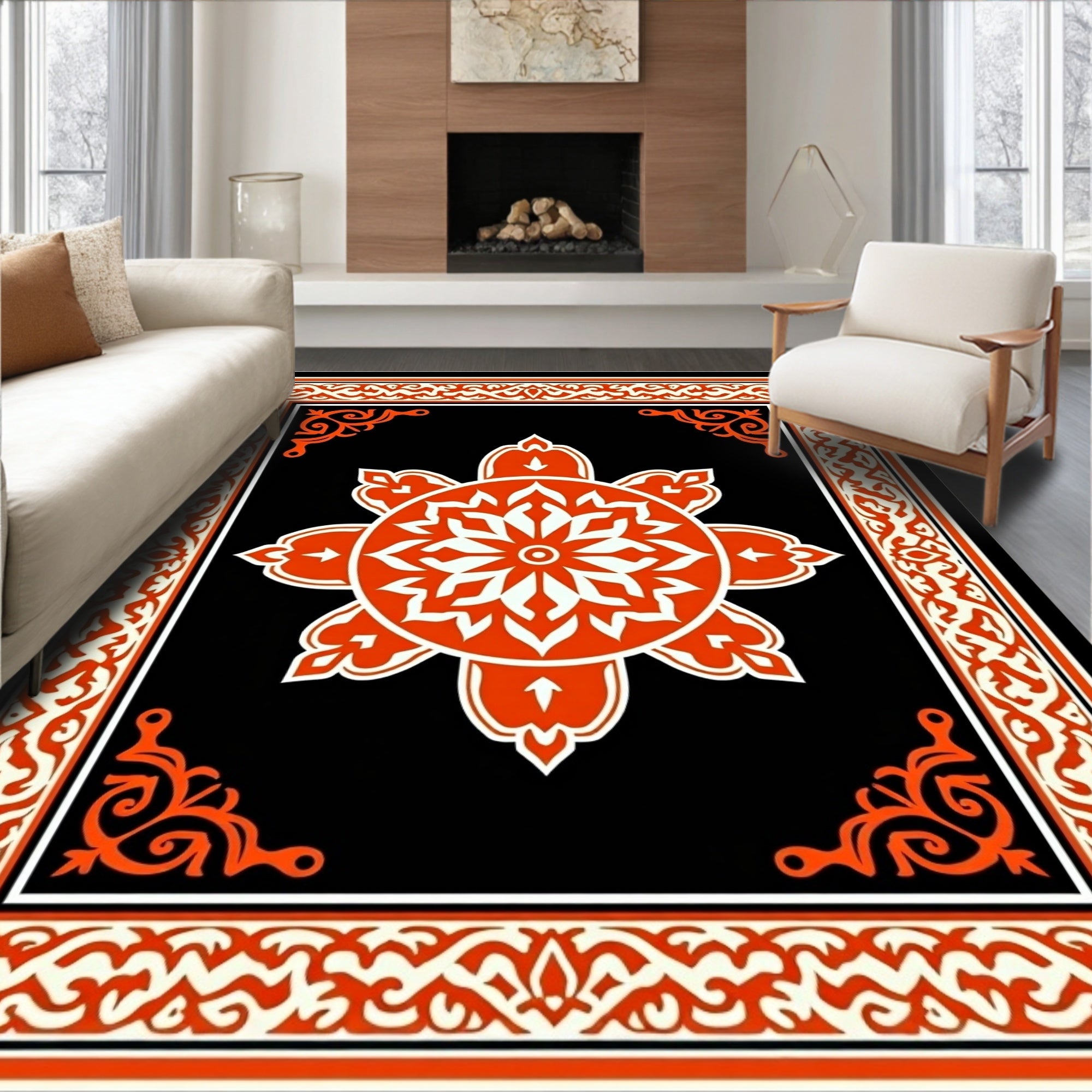Vibrant Orange Floral Medallion Black Rug
