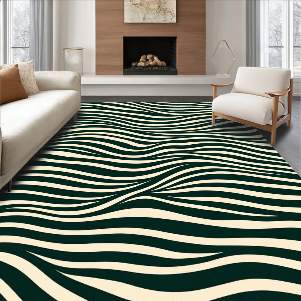 Cream and Green Wavy Stripe Rug