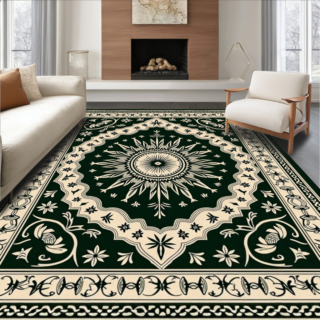 Dark Green Cream Sunburst Medallion Rug