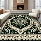 Dark Green Cream Sunburst Medallion Rug