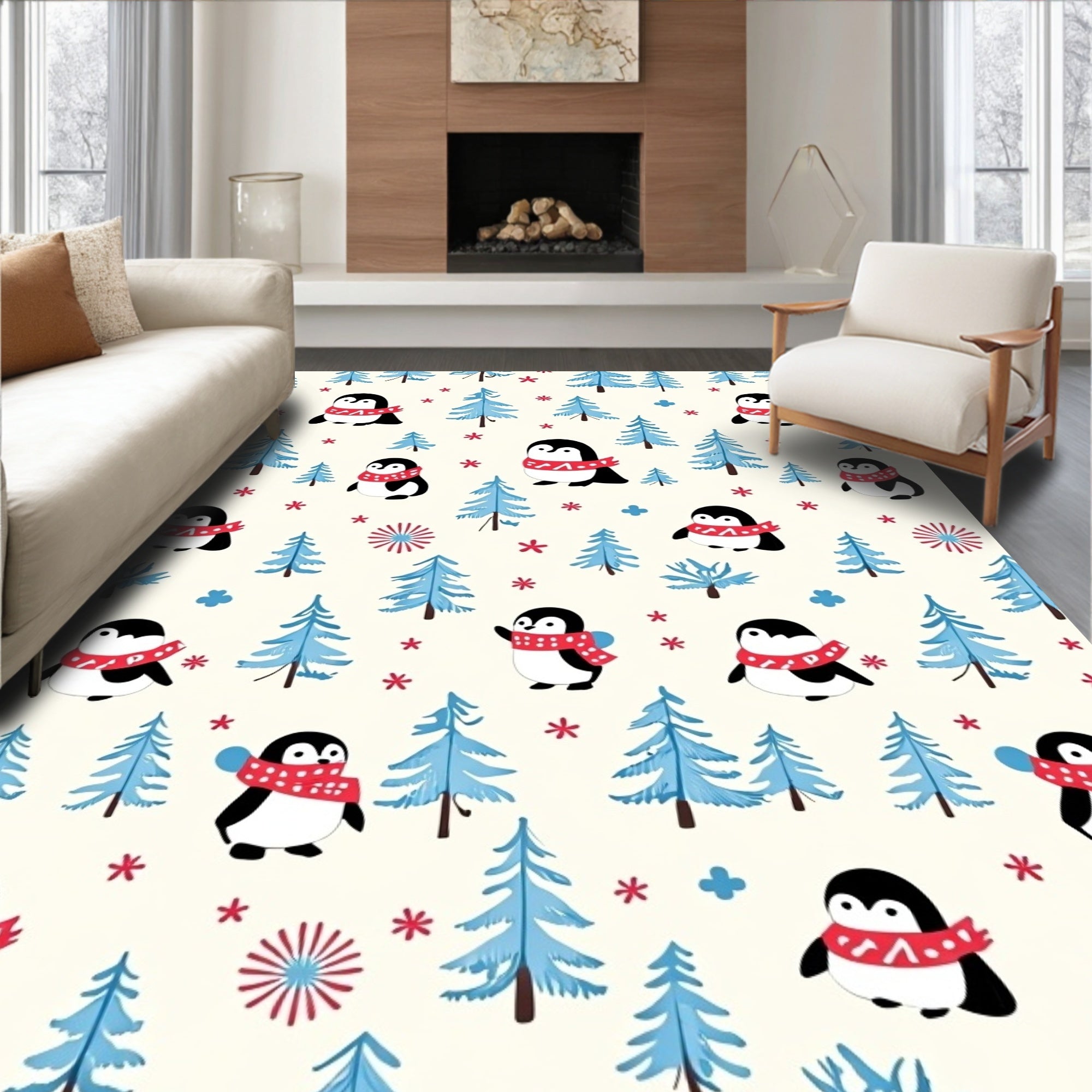 Cute Penguin Winter Forest Medallion Rug