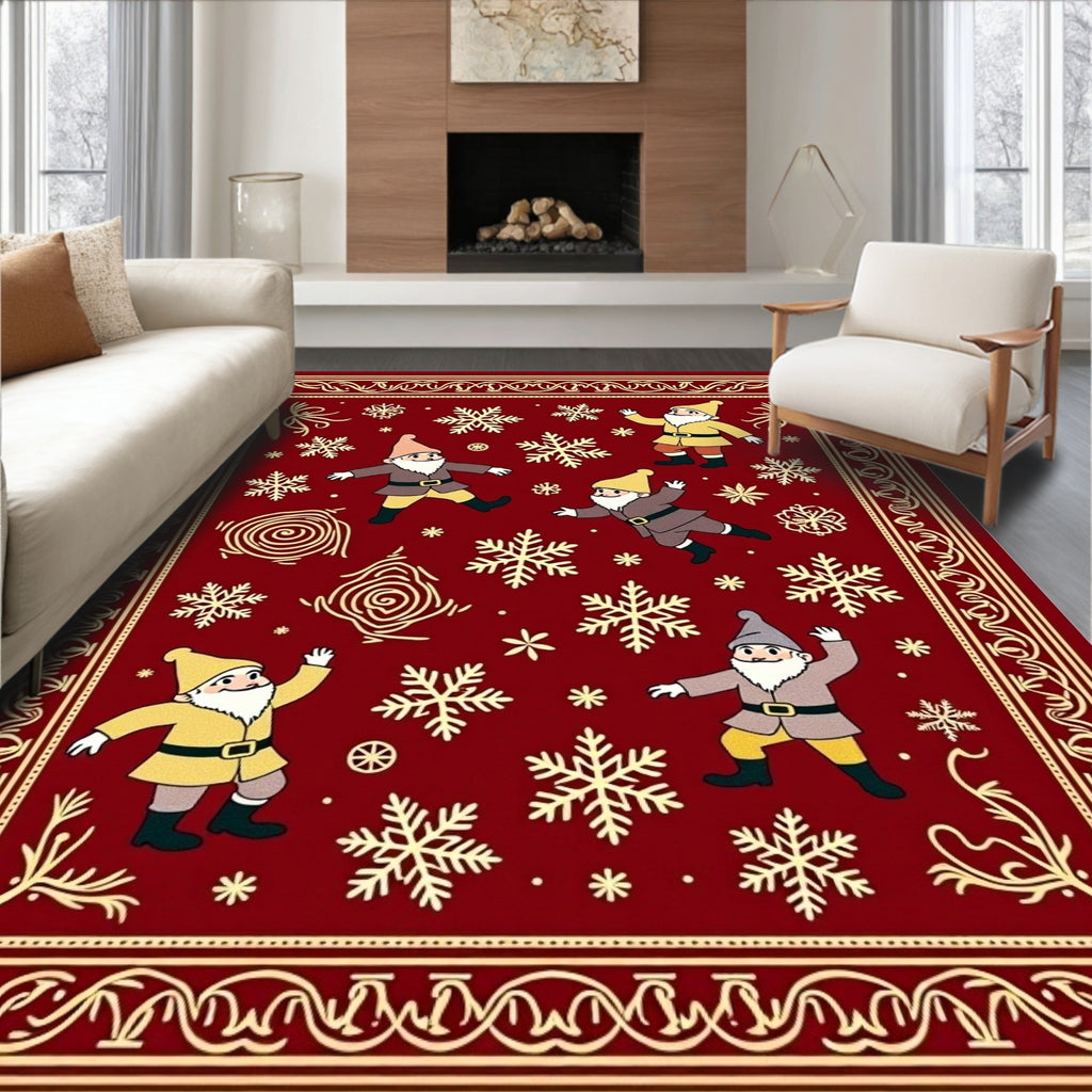 Red Golden Gnome Snowflake Festive Rug