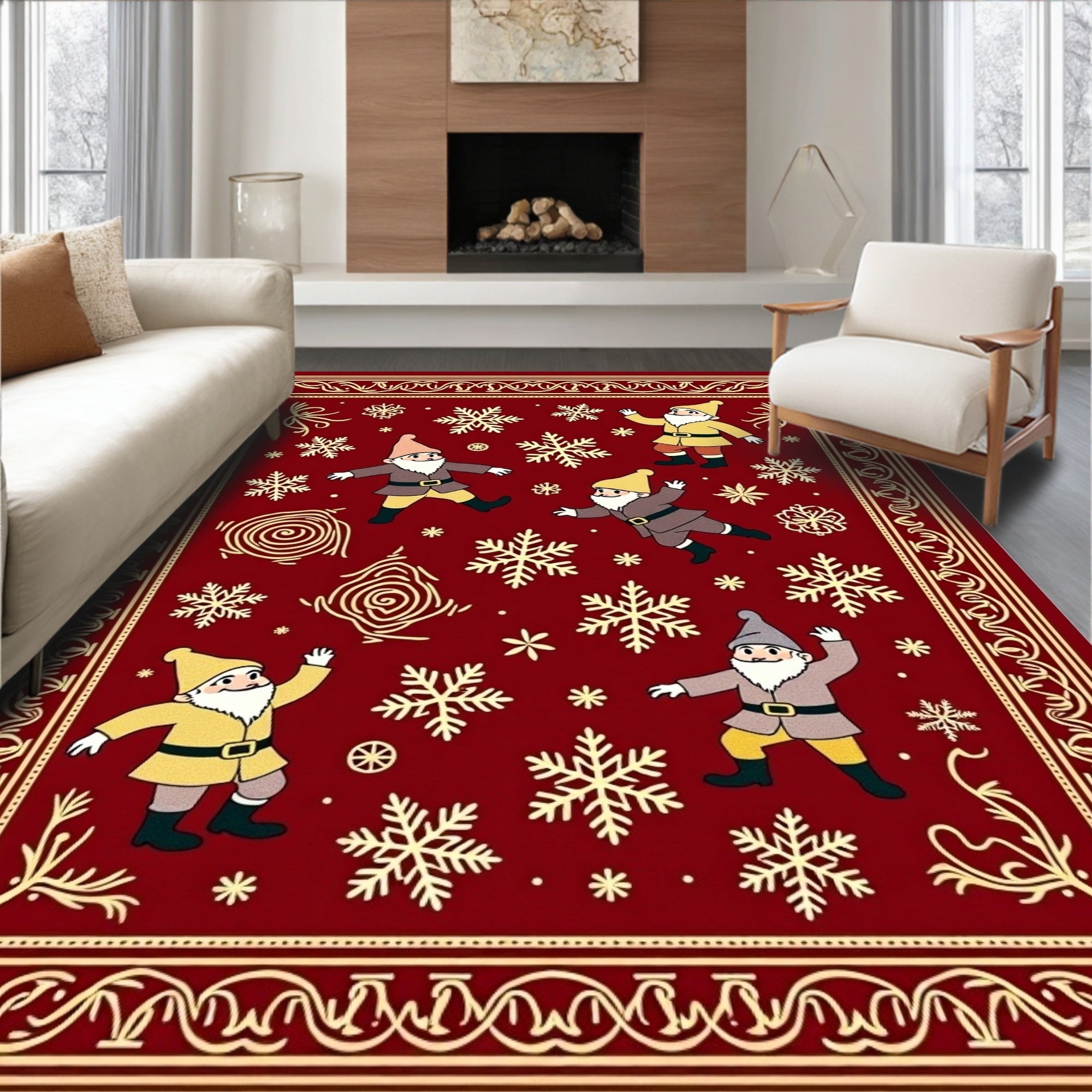 Red Golden Gnome Snowflake Festive Rug