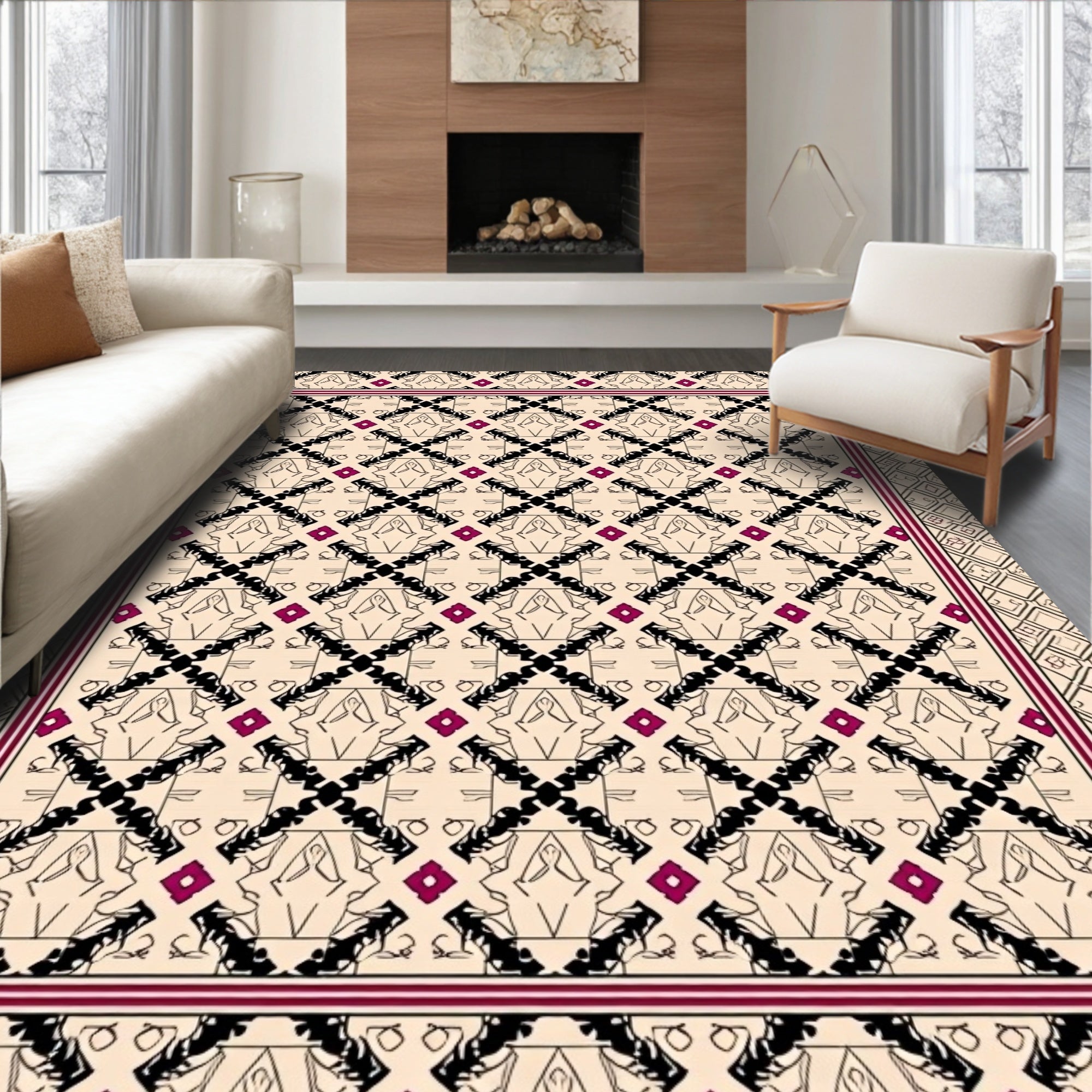 Cream Black Red Diamond Medallion Rug