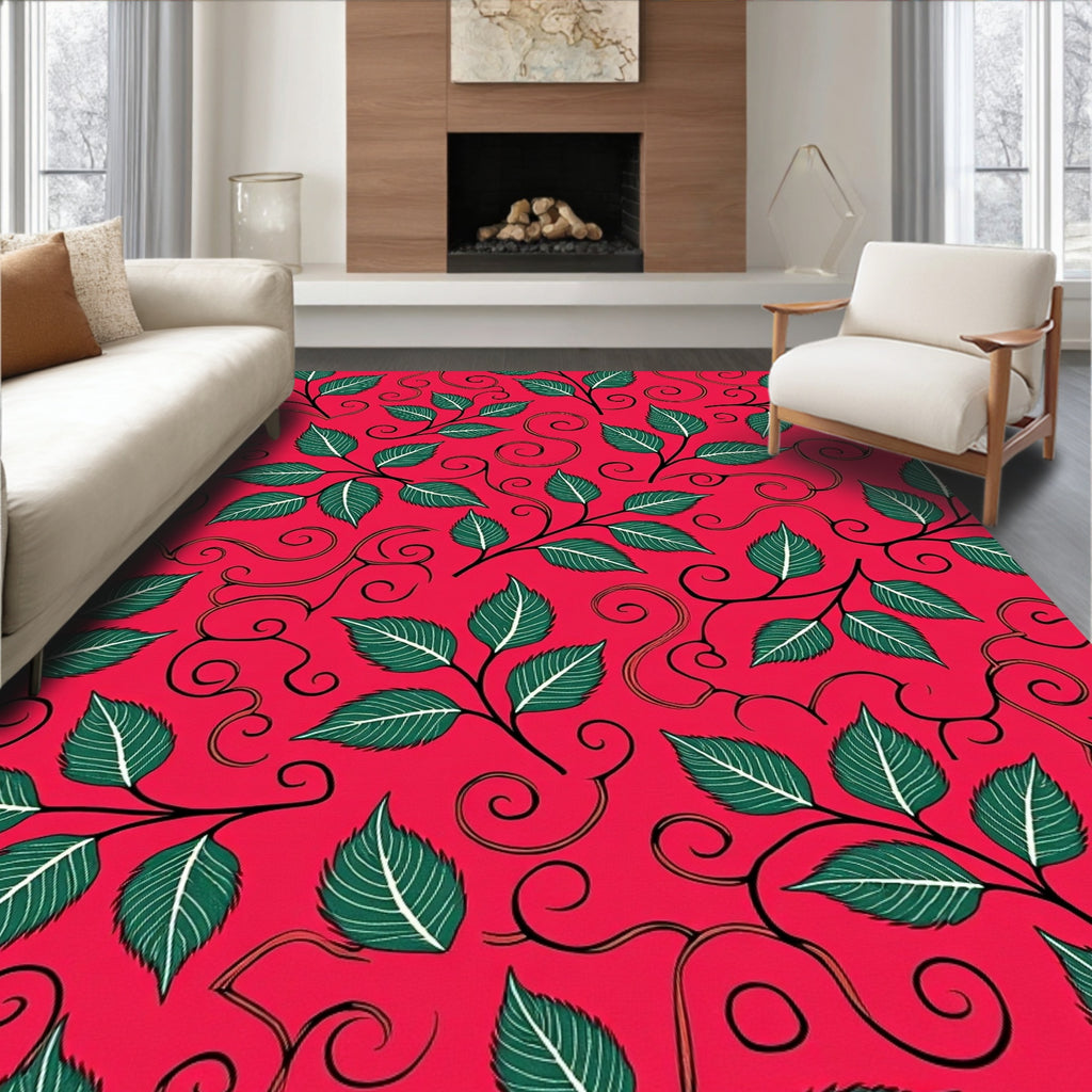 Red Teal Leaf Scrollwork Rug