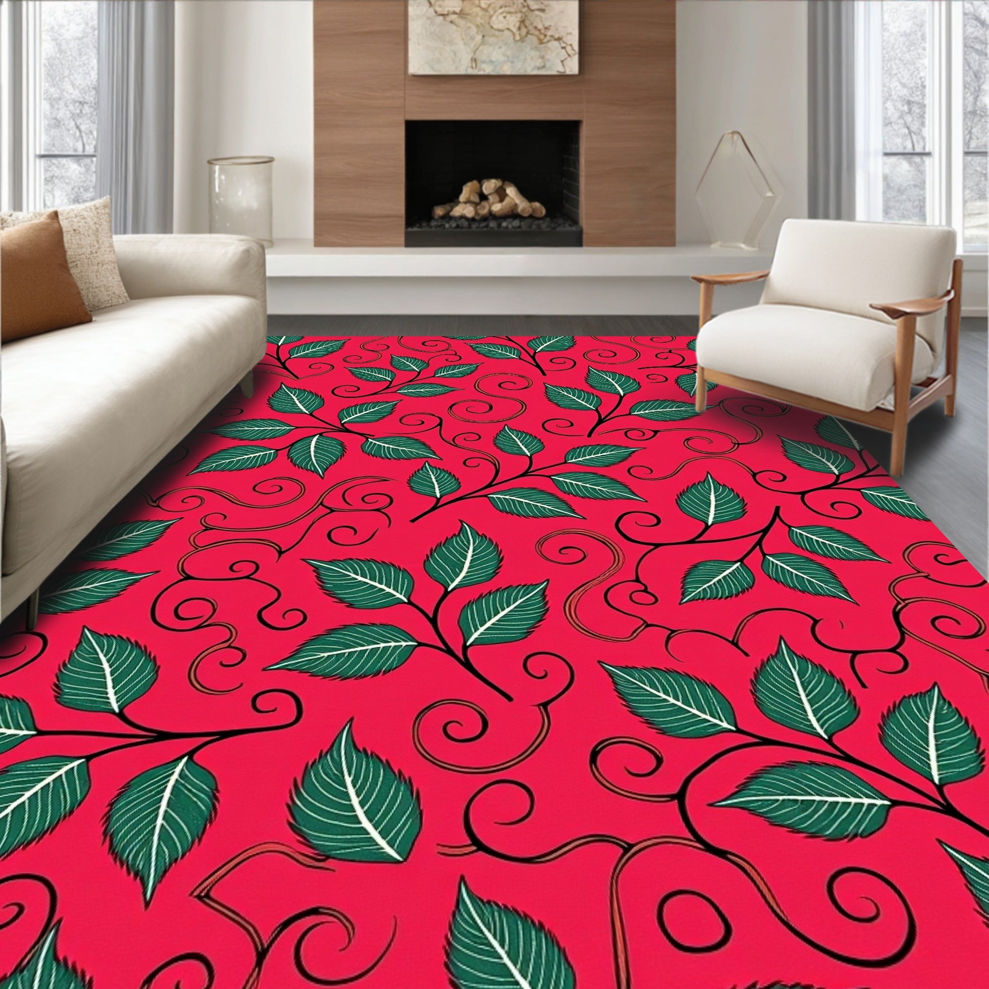 Red Teal Leaf Scrollwork Rug