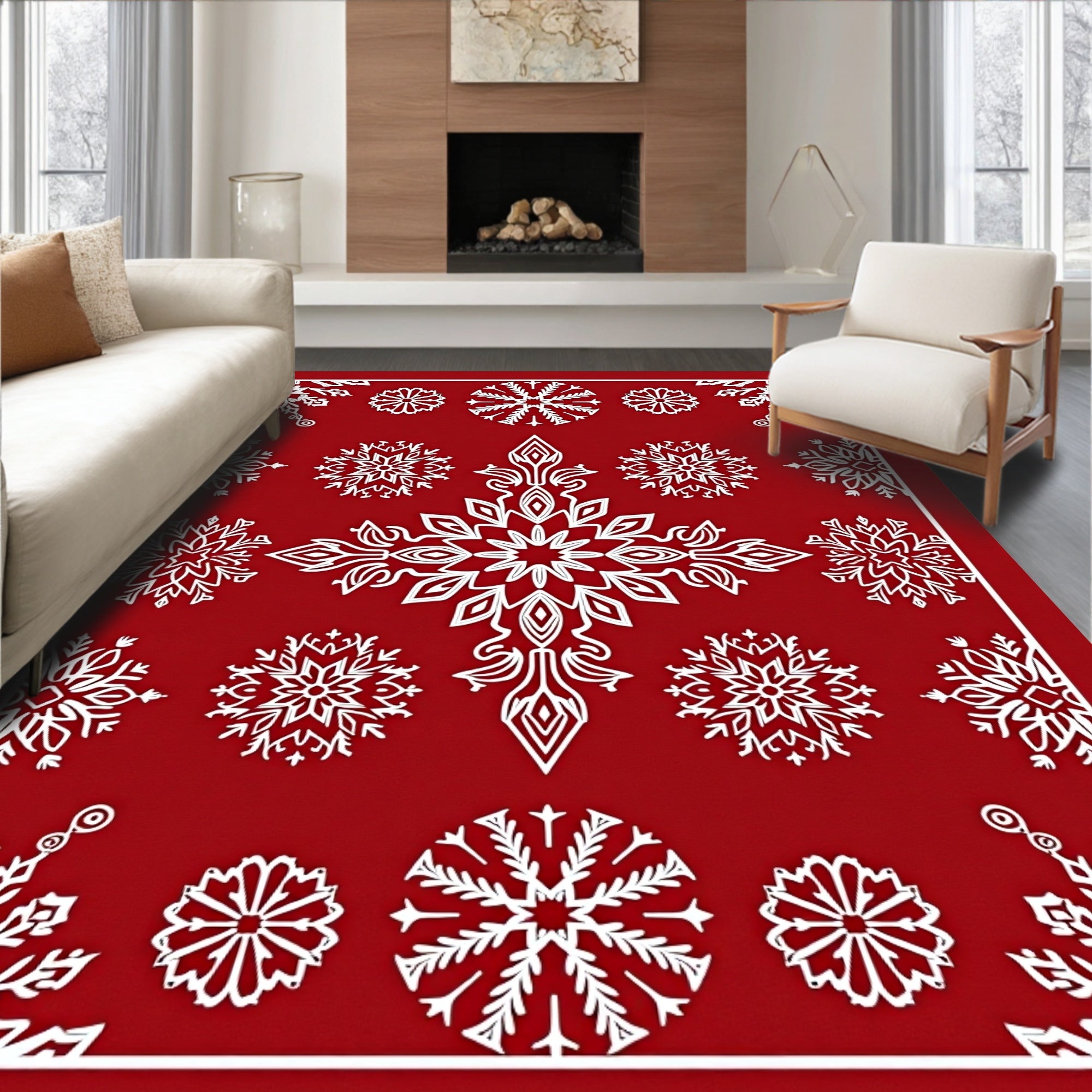 Crimson White Snowflake Collage Rug