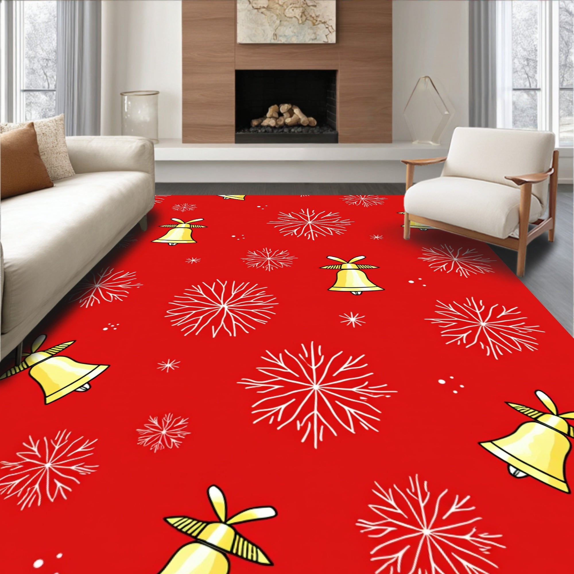 Golden Bells White Snowflakes Red Rug