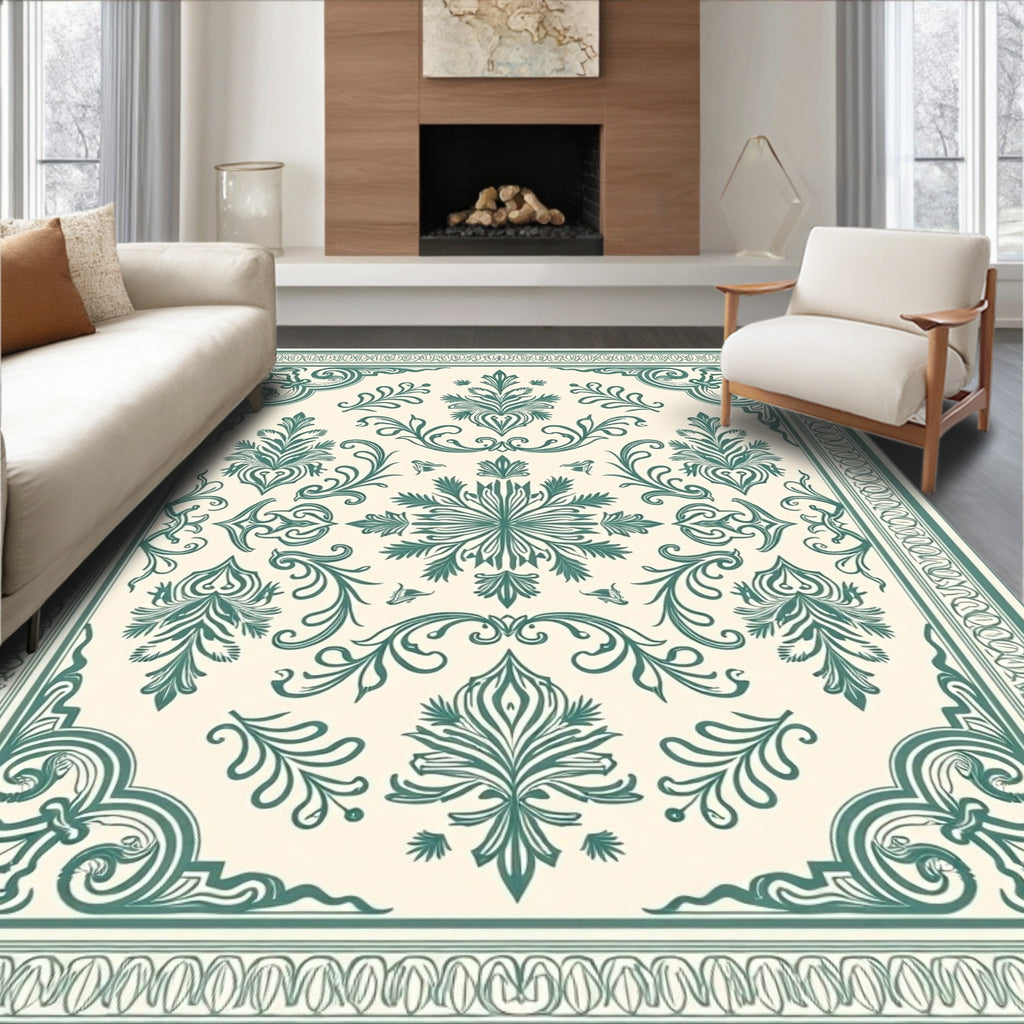 Victorian Teal Floral Medallion Border Rug