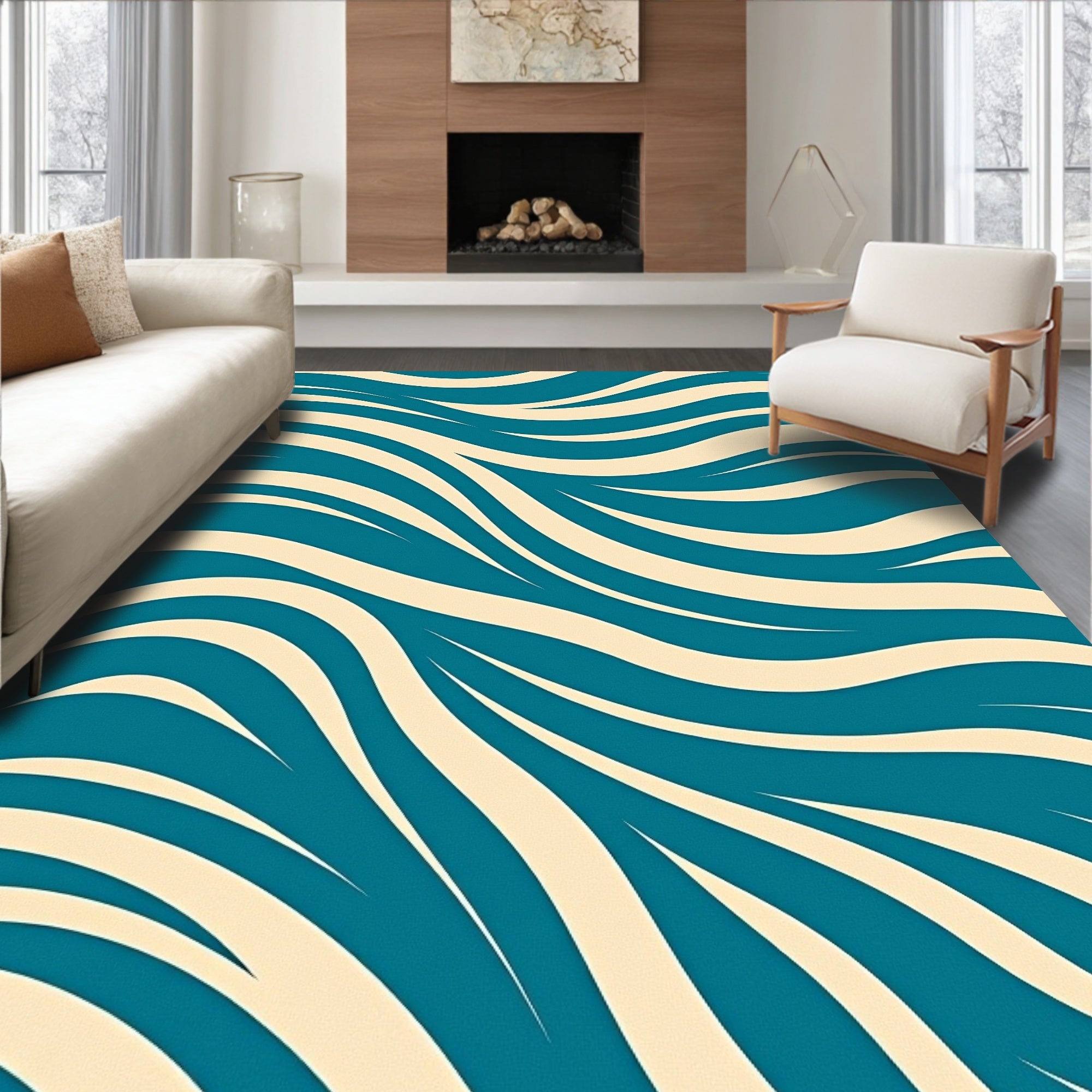 Teal Cream Wavy Stripe Rug