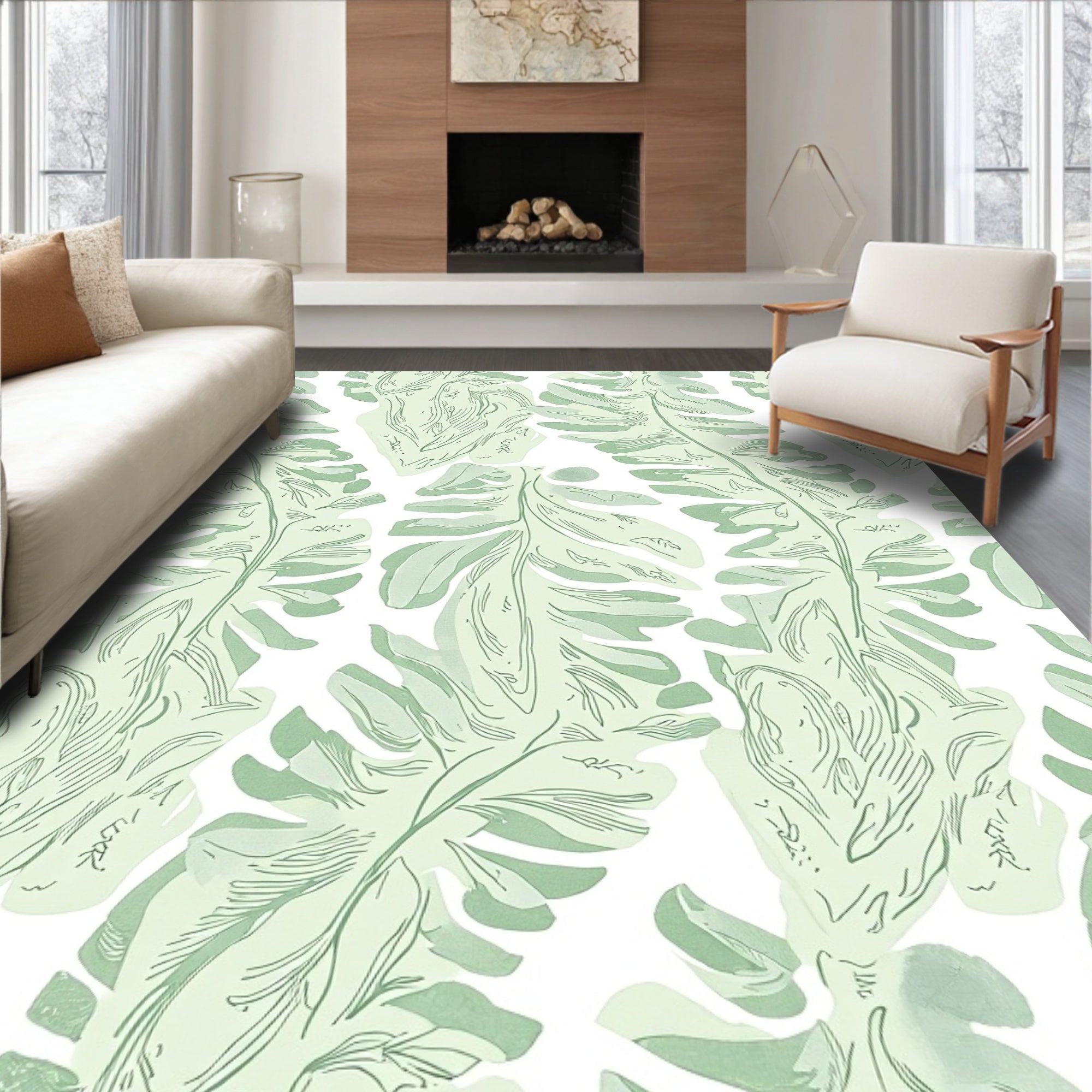 Pale Green Monstera Leaf Arrangement Rug